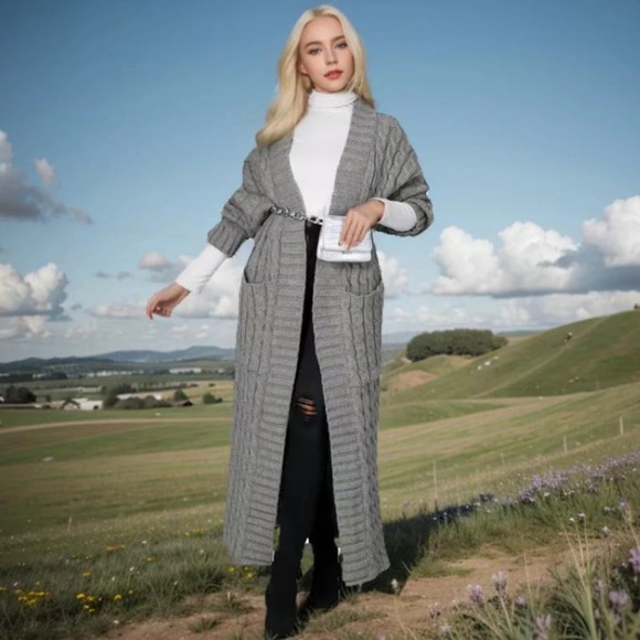 Sweaters - Long Cable-Knit Cardigan / Duster – Gray